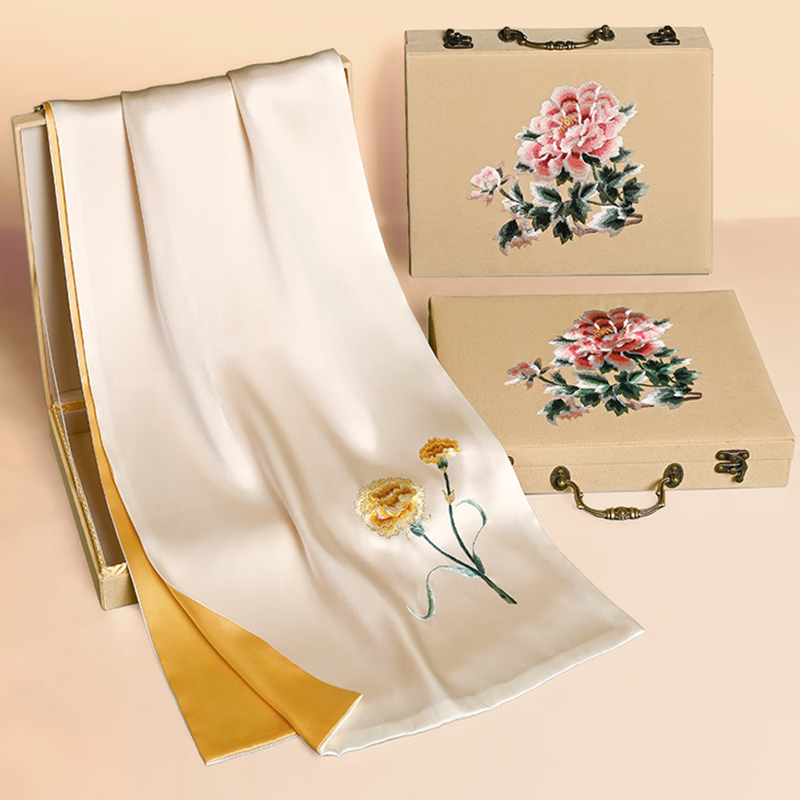 Hangsifu Silk Mulberry Silk Suzhou Embroidery Scarf, Flower Pattern Gift Box, Shawl, Outer Wear, Birthday Gift for Mom, High-End Mid-Autumn Festival Present