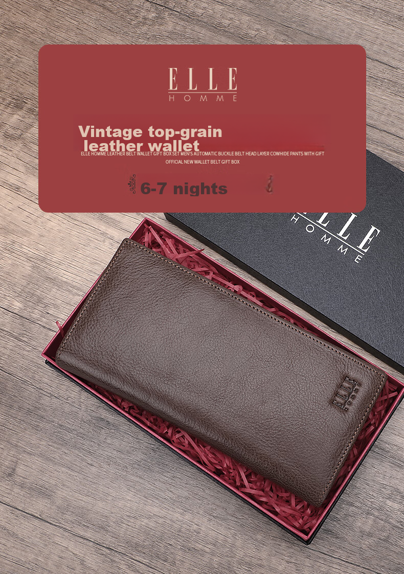 ELLE HOMME Men's Long Wallet, Top-Grain Leather Multifunctional Card Holder, Vertical Style Money Clip 0512, Birthday Gift for Me 1