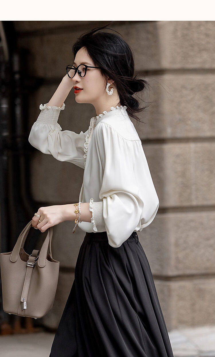 Dme [Ruched Shiny Blouse] Spring And Autumn French Style Women's Elegant Ruffle Stand Collar Pleated Blouse Women's Top 15