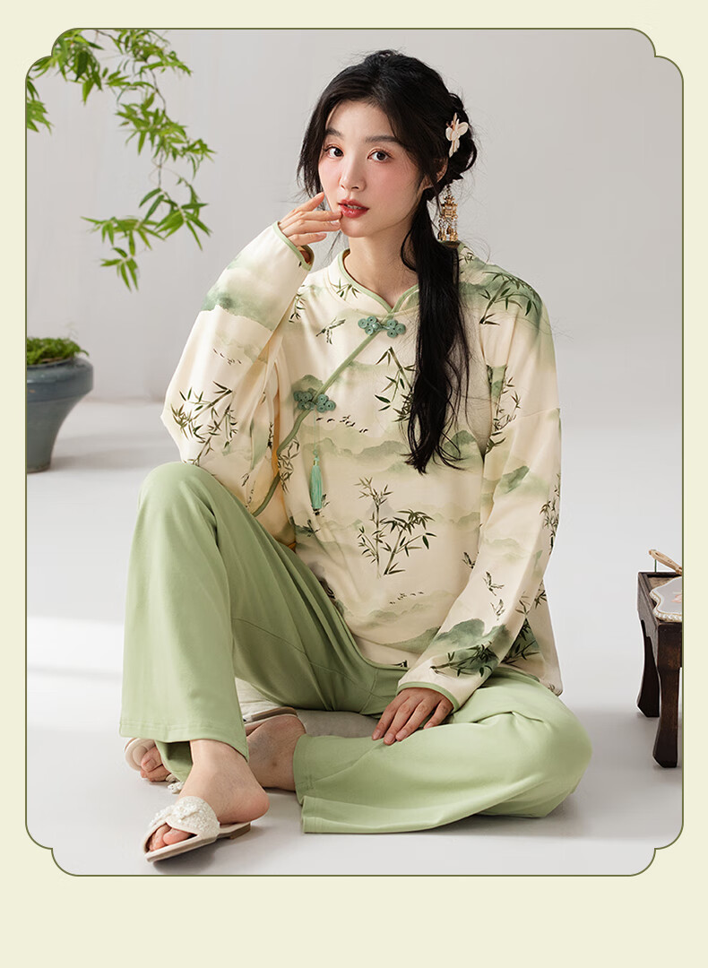 Borui Guofeng 100% Cotton Women's Autumn Winter Chinese Style Bamboo Forest Print Round Neck Pullover Pajamas Suitable for Outdoor Wear 13