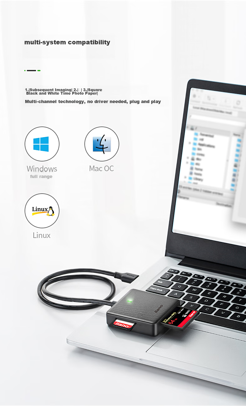 Llano USB3.0/Type-C Card Reader, Multifunctional Five-In Card Reader, Supports SD/TF/CF/MS/M2, Compatible with DSLR Cameras, Dash Cams, Surveillance Memory Cards 10