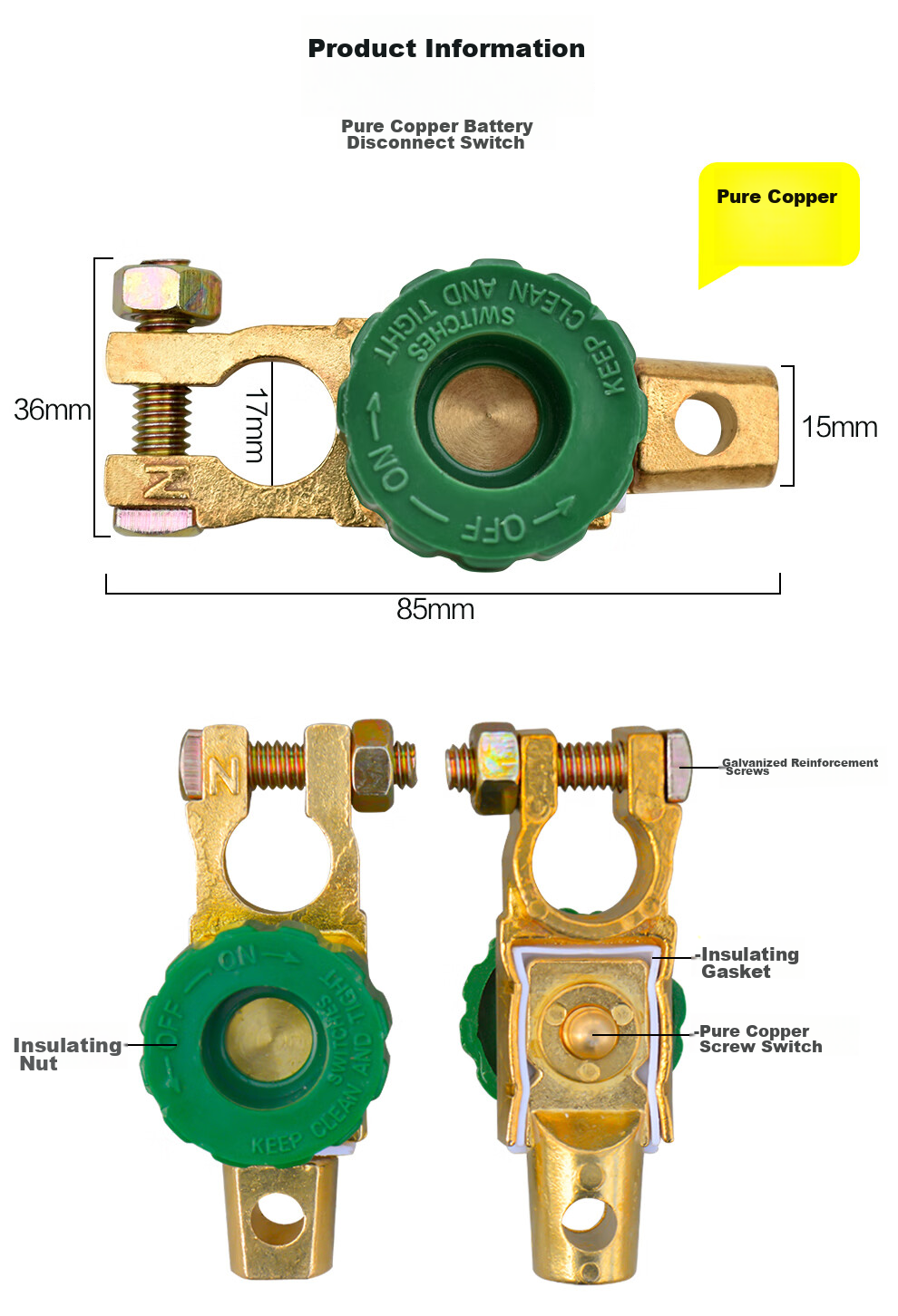 QL Car Battery Disconnect Switch, Anti-Leakage, Low Battery, Brass Terminal Post, 16-17mm 3