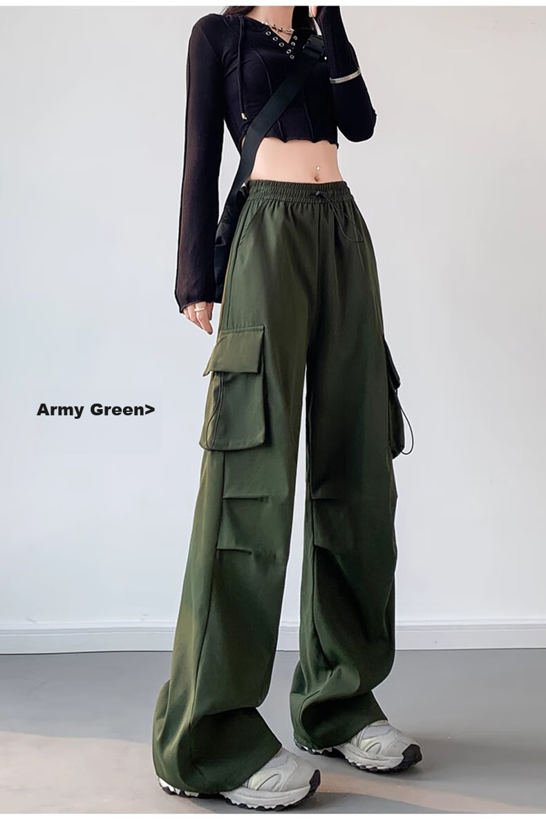 LangSha American-Style Parachute Cargo Pants for Women, Summer Ice Silk High-Waist Wide-Leg Loose Casual Quick-Dry Outdoor Sports Pants 32