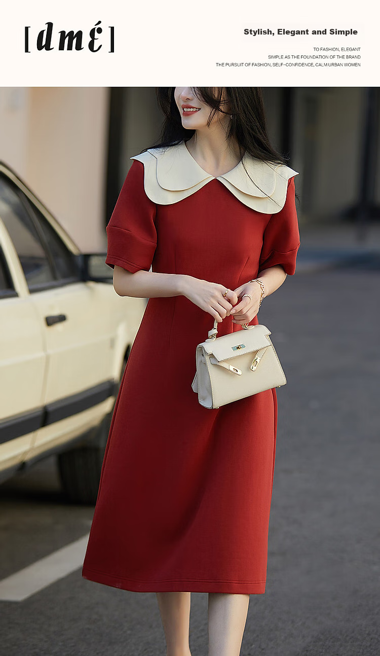 Dme [Young Noble] Spring and Autumn French Petal Collar Little Black Dress 350G Air Layer Contrast Color Dress for Wome 1
