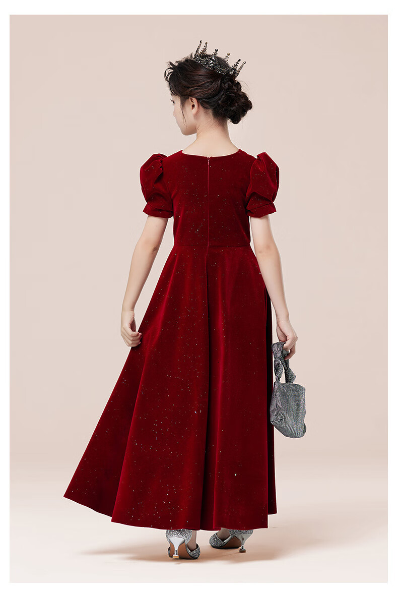 Yinuofang Children's Formal Long Dress, Wine Red, Children's Day Performance Dress, Princess Gown, Wine Red Puff Sleeves, Size 130 15