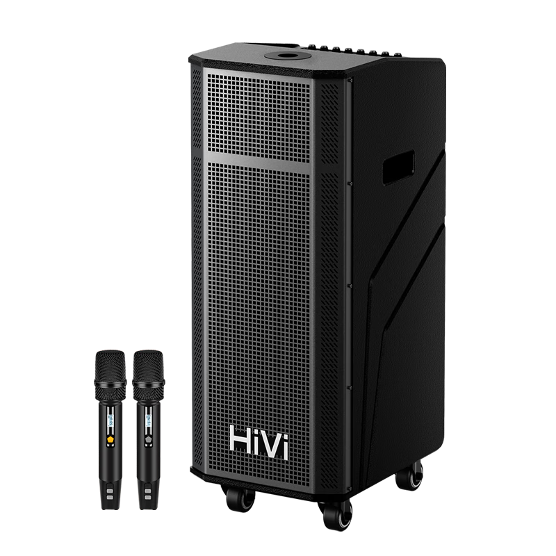 HiVi Dual 6.5-Inch Square Dance Speaker Outdoor Speaker Karaoke-Specific High-Power Performance-Level Portable Bluetooth Trolley Speaker with Dual Microphones for Guitar Folk Instruments MP26