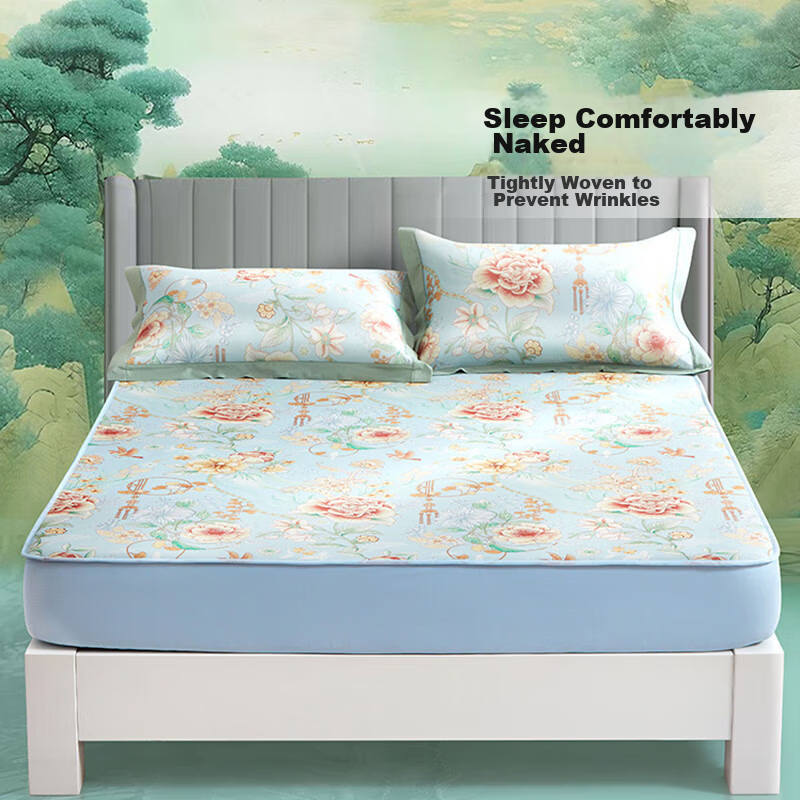 FUANNA Ice Silk Cooling Mat with Cooling Sensation Printed Design, Soft Bedding Set for Double Bed, Three-Piece Set in Blue, 1.5*2 Meters [Washable]