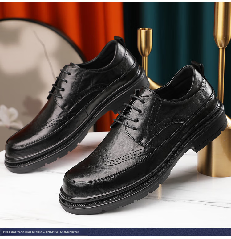 Poitulas Men's Low-Top Lace-Up Shoes with Hand-Grab Texture, Business Casual Shoes, British Brogue Wedding Shoes, 2996 Black, Size 39 10