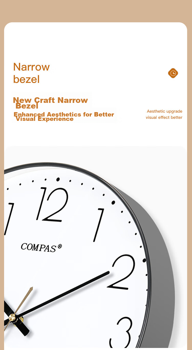 Compas Wall Clock for Living Room, Simple Quartz Clock, Bedroom Wall Clock, C3219B Light Luxury Gold, 35cm 3