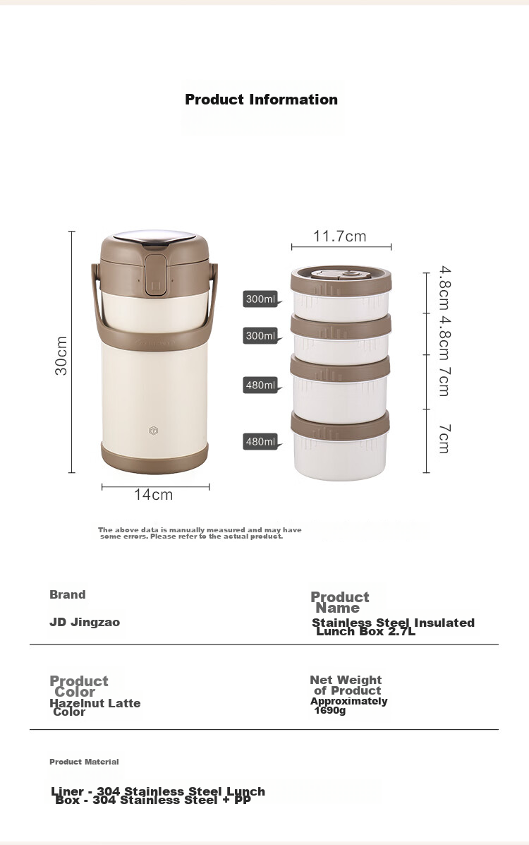 JD Original Insulated Lunch Box, 304 Stainless Steel, for Office Workers And Elementary School Students, Four-Layer Lunch Container, 2.7L, with Insulated Bag 17