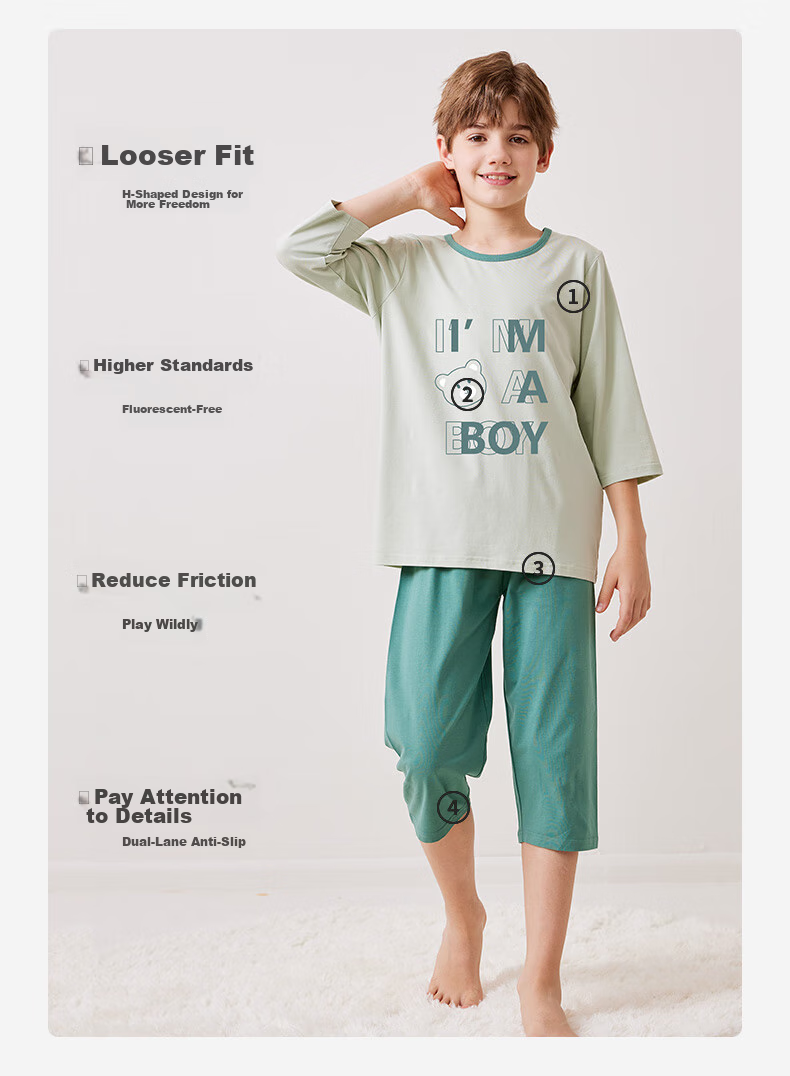 MiiOW Children's Thin Pajamas, Boys' Short-Sleeve Set, Summer Modal Sleepwear for Older Kids, Sky Blue, Size 160 4
