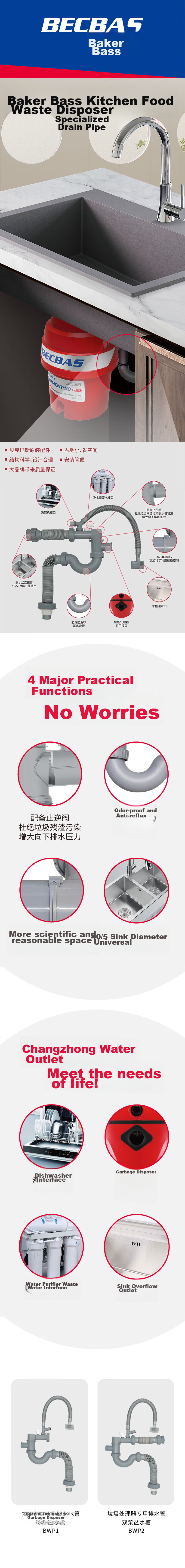 BEcbas Universal Single/double Sink Drain Pipe BWP2 Garbage Disposal Anti-Odor And Anti-Clogging, Compatible with Dishwasher And Water Purifier 1
