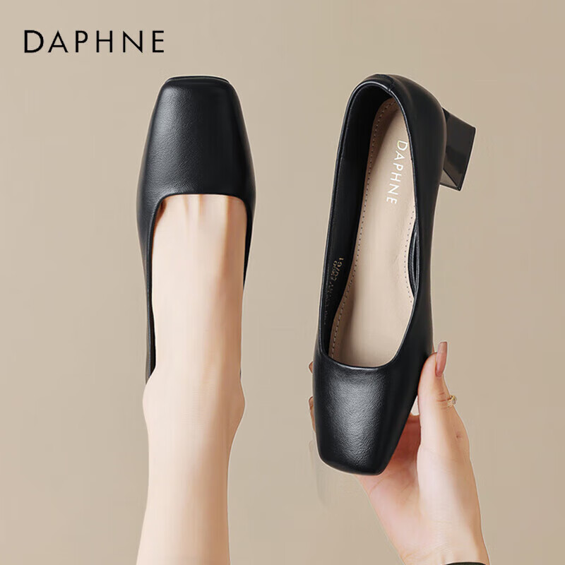 DAPHNE Women's Single Shoes, Sheepskin Chunky Heel Versatile High Heels, Comfortable Commuter Shoes for Women, 4023101373, Ink Black, Size 34