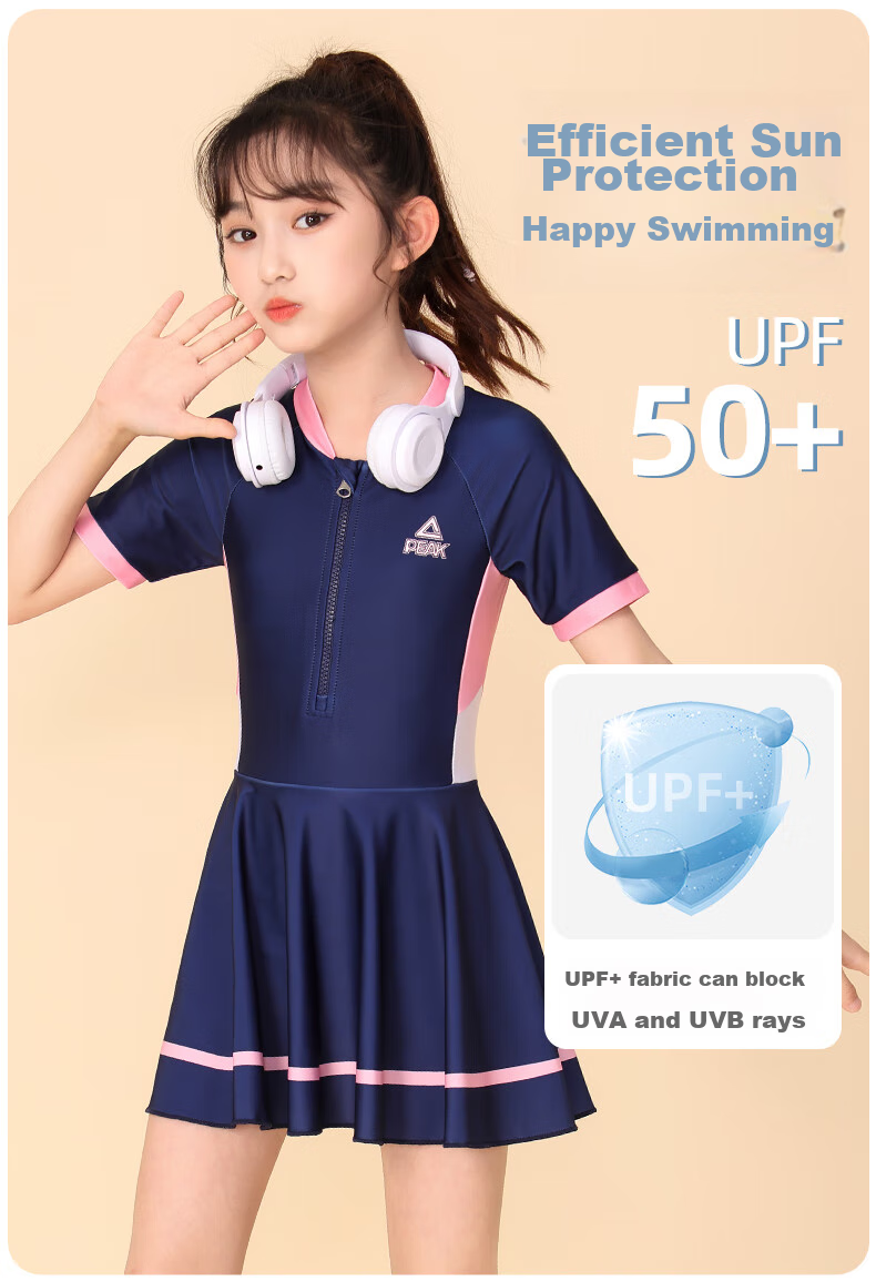 PEAK Children's Swimsuit for Girls, Summer One-Piece Dress Style Sun Protection Princess Swimwear for Older Kids, Hot Spring Swimwear Size 140 4