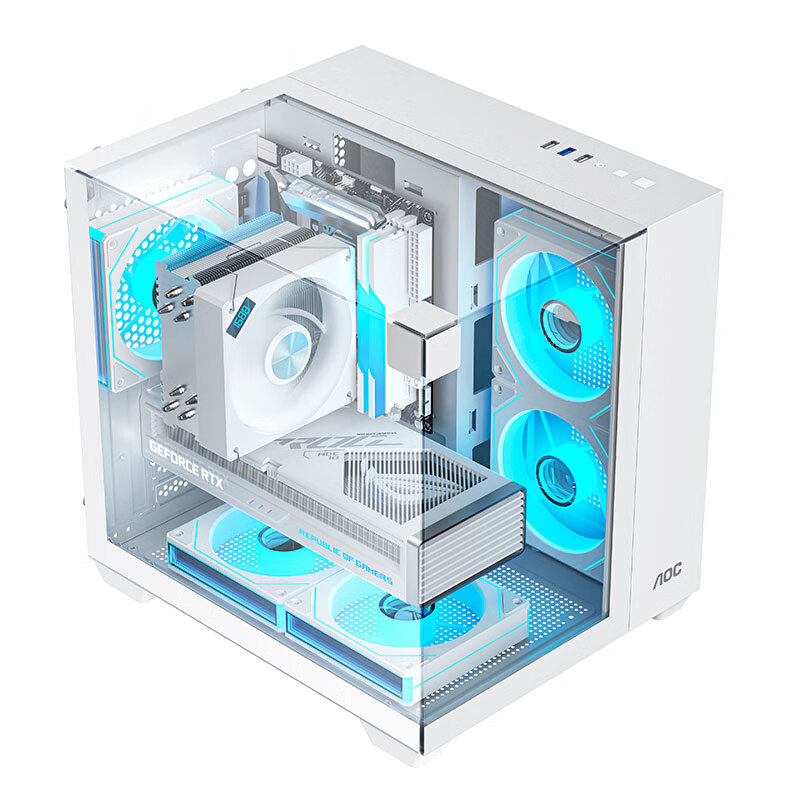AOC Starry Sea CG389 White Gaming Computer Case, Three-Sided Glass, No Pillars, Supports MATX, 5 Fan Positions, 3D Panoramic View, Left And Right Compartments