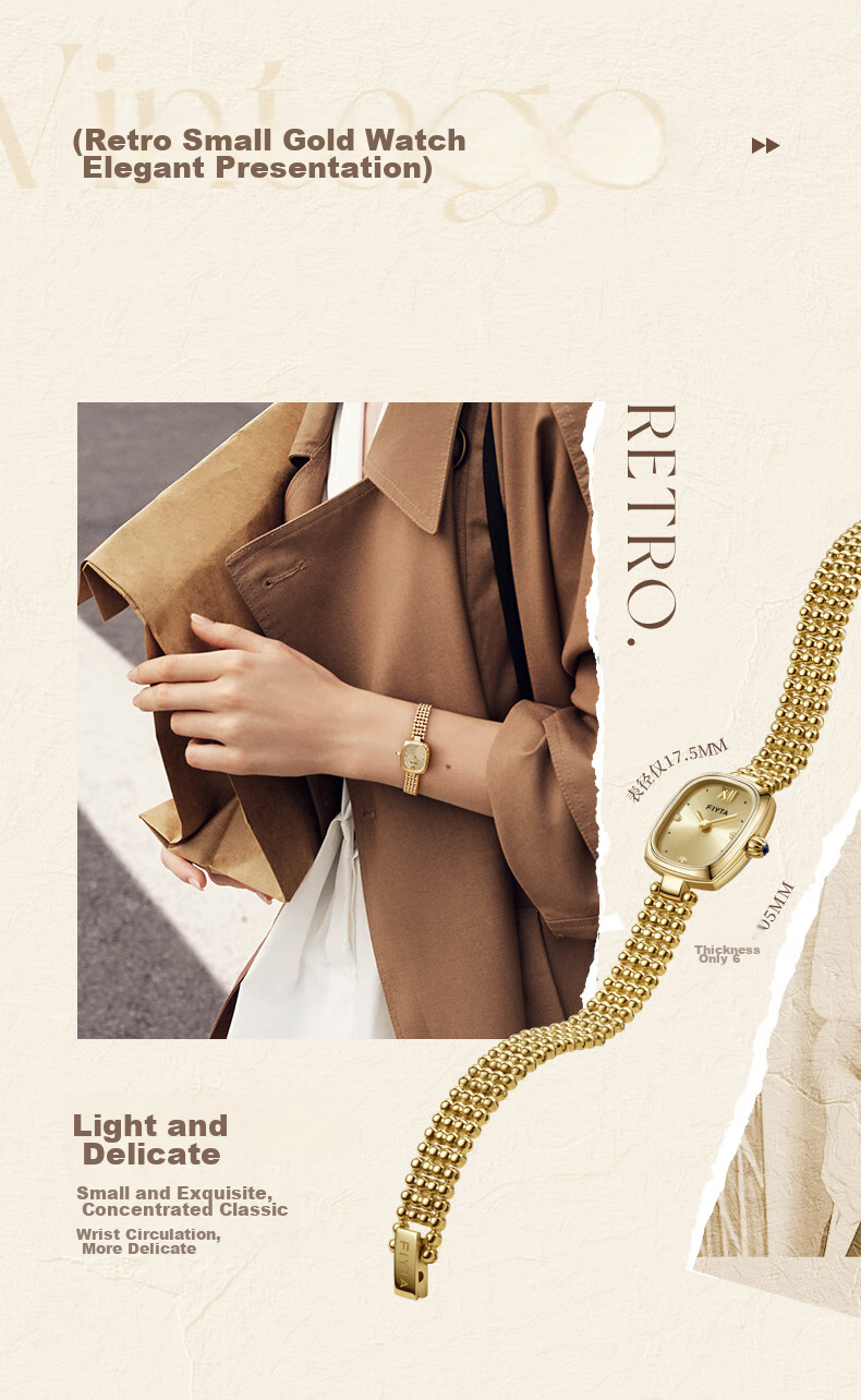 FIYTA "Little Gold Watch" PLUS Edition Gold Dial Bamboo Link Vintage Women's Watch Birthday Holiday Gift for Her 4