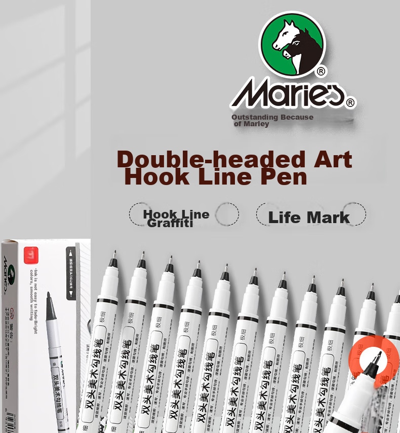 Marie's Double-Ended Fine Line Pen, 12-Pack, Black, Waterproof, Non-Fading, Oil-Based Chalky Marker, Signing Pen, Outlining Pen, Art-Specific, Elementary School Student Children's Water Pe 1
