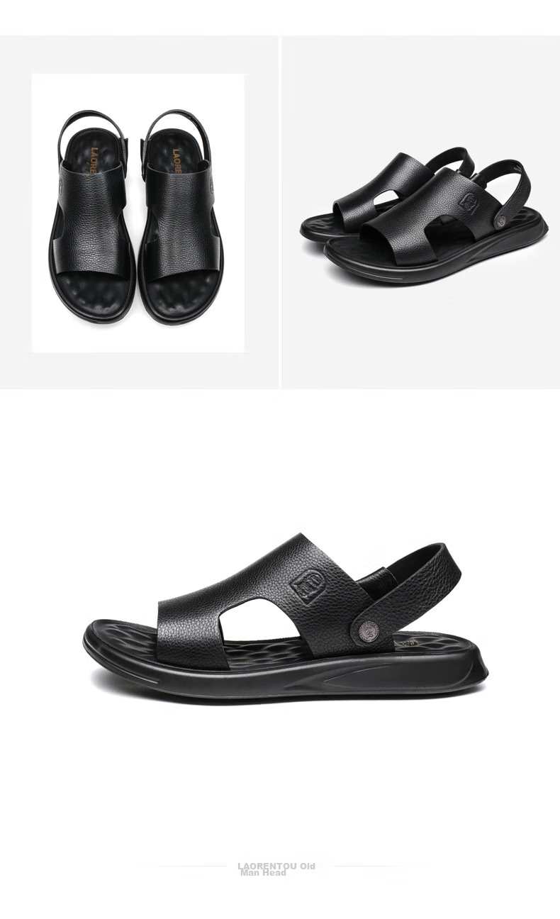 LAORENTOU Men's Sandals, Summer Top-Grain Leather, Breathable Beach Versatile Casual Shoes, Sandals, Men's Footwear, 10965, Black, Size 43 18