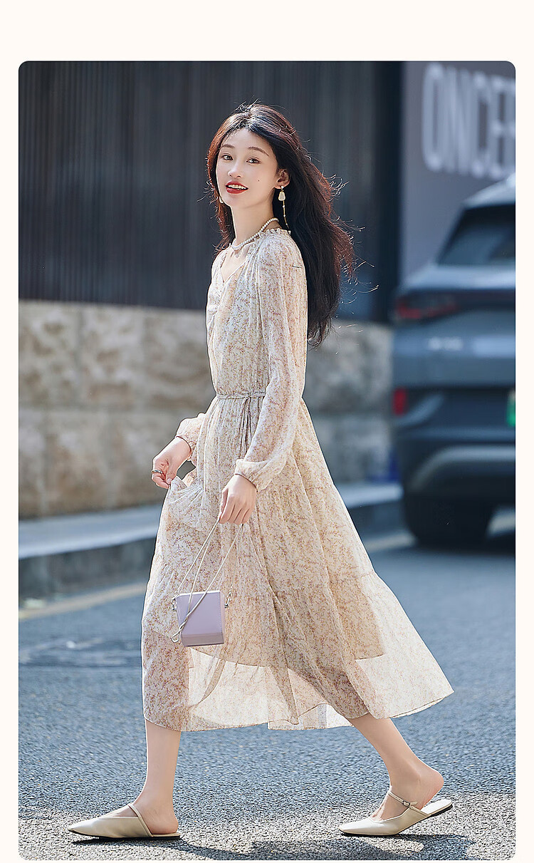 Dme [Fresh And Comfortable] Spring And Autumn Lightweight Chiffon Floral Print Women's Dress, Square Neckline, Ruffle Trim, Puff Sleeves, One-Piece Dress 2