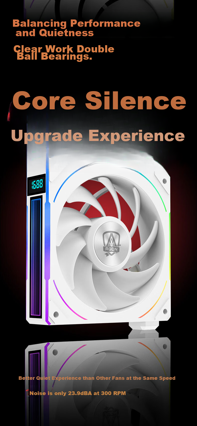 AOC AT120FW/93 White 12CM Desktop Case Cooling Fan with ARGB Lighting Sync, PWM Temperature Control, Dual Ball Bearings, Real-Time Speed Display 4