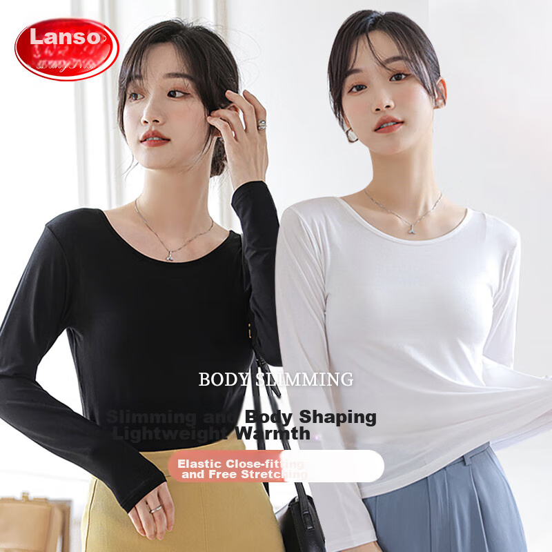 LangSha Women's Thin Cotton Undershirt, Comfortable Round Neck Thermal Underwear, Slim-Fit Base Layer for Winter, Black