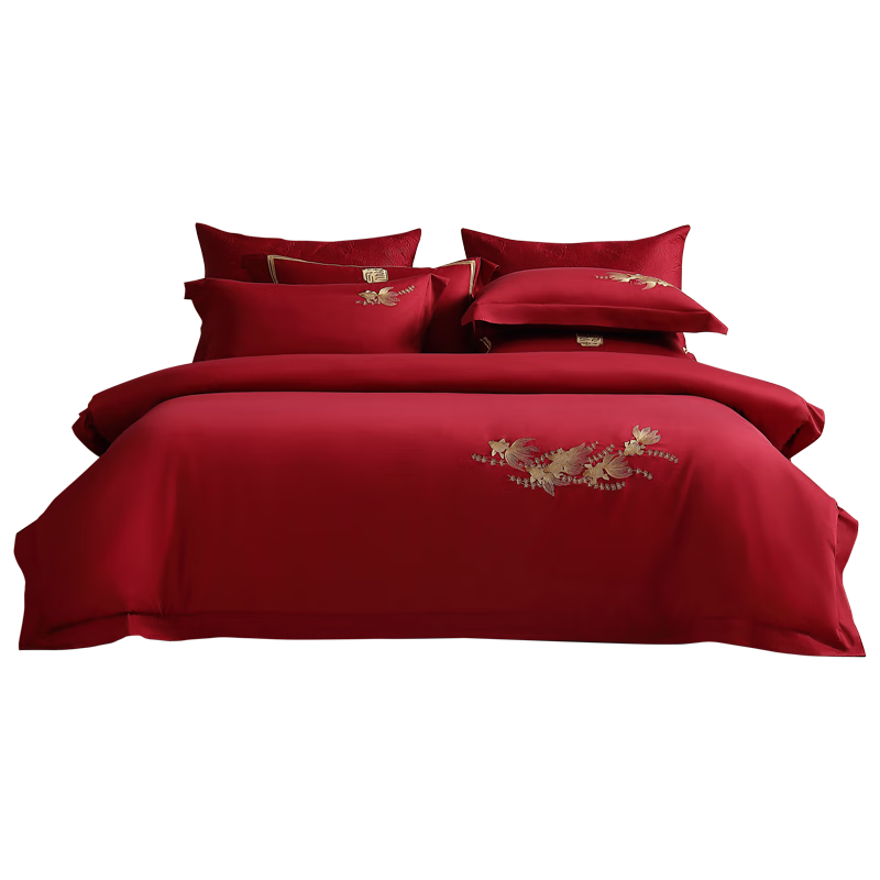 Shuixingjiafang Wedding Bedding Set, 100% Cotton, Red, Wedding Bed Sheet And Duvet Cover, New Wedding Gift, Chinese Embroidery, for 1.8m Bed