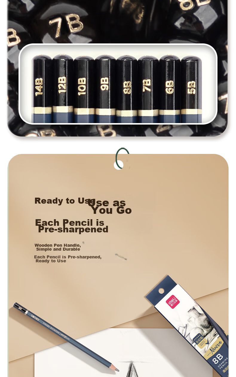 Deli Premium Drawing Pencils, 12 Pieces, 8B Sketching Pencils, Hexagonal Barrel Writing Black Pencils for Students, Art Sketching Engineering Drawing Pencils, Specialized for Beginners, Back-To Stationery 13