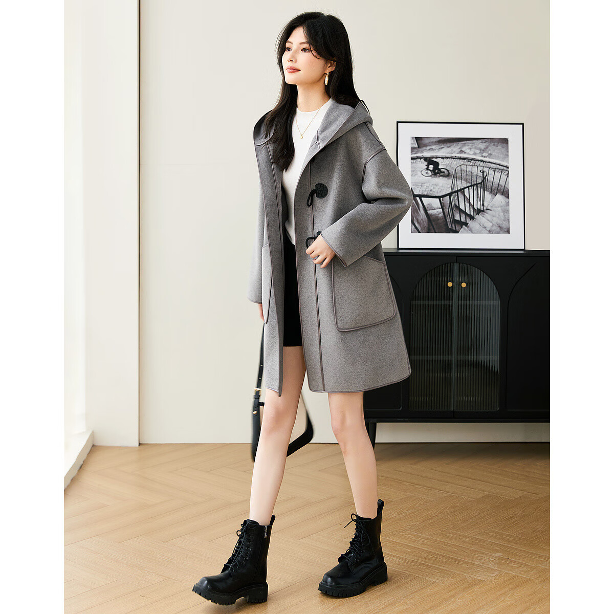 Dme Vintage Youthful Spring Autumn Hooded Straight Long Sleeve Drop Shoulder Double-Sided Wool Toggle Coat Women Mid-Length