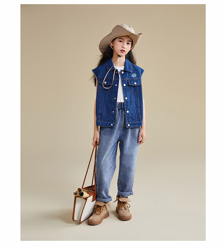 QQ DUCK Children's Denim Vest, Girls' Sleeveless Jacket, Youth Clothing, Classic Vest in Light Blue; Size 130 16