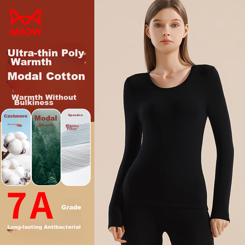 MiiOW Women's Thermal Underwear, Cotton Modal 10A Antibacterial Slim-Fit Base Layer, Autumn Top And Pants, 2026 New Product, Black M
