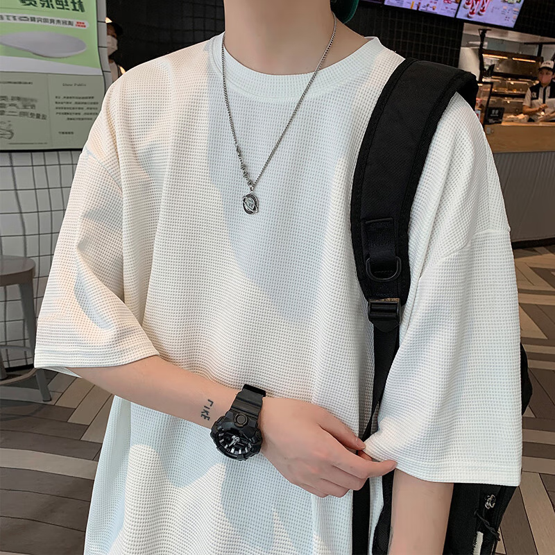 YUZHAOLIN White T-Shirt for Men, American Heavyweight Waffle Knit Short Sleeve, Simple Casual Undershirt Base Layer