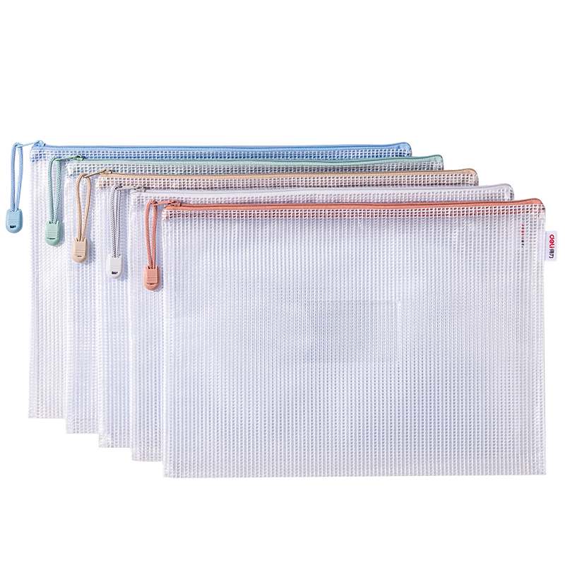 Deli Back-To Stationery, 5 A4 Waterproof Grid Subject Zipper Pouches, Student Colorful File Folders with Labels, Morandi Color Mix 63484