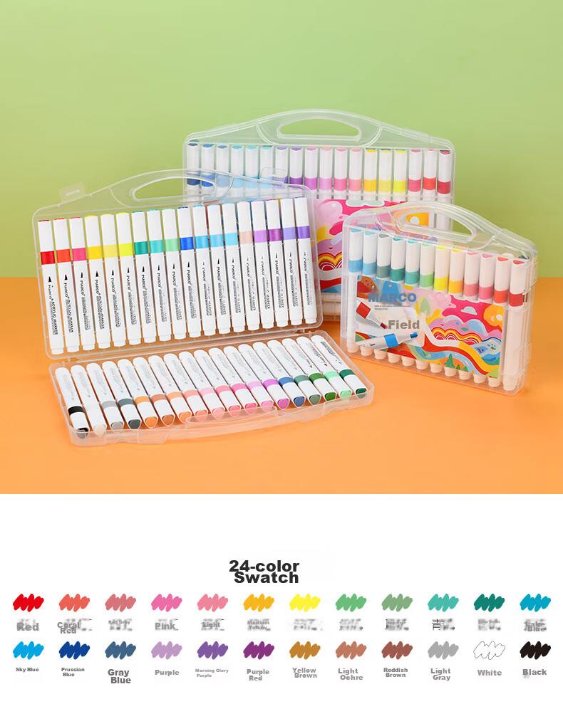 MARCO 24-Color Acrylic Markers, Waterproof Paint, Watercolor, Fluorescent Markers, for Children, Students, Kids, Parent-Child Drawing, Gift Box, Back-To Gift, Watercolor Pens, Art Educatio 12