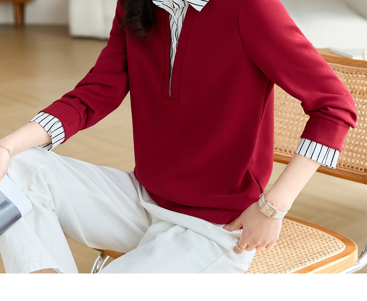 She Enjoy Women's Sweatshirt with Fake Two-Piece Shirt Collar and Striped Patchwork Casual Fashion Versatile Pullover T141W1668 1