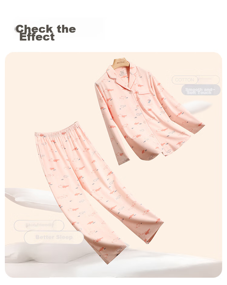 Hodohome Couple's Pajamas, Men's And Women's Spring And Autumn Long-Sleeve Cotton-Spandex High-Elasticity Printed Sleepwear Set, Tranquil Pink, 165/88A 13