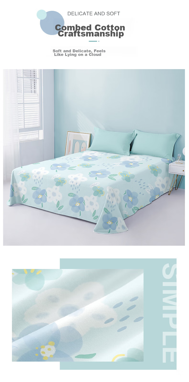 BEYOND Home Textiles Pure Cotton Bed Sheet with Printed Pattern, All-Cotton Bedspread, Single Piece Set, Floral Pattern, 200*230cm 5