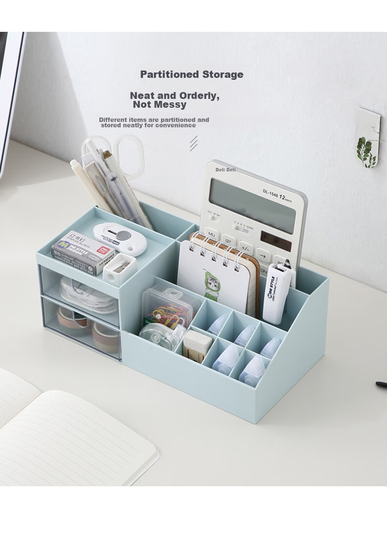 Jindeli Simple Desktop Pen Holder Storage Box, Multifunctional High-Value Light Luxury Drawer, Office Desk Stationery, Dormitory Office Supplies Organizer, Large Capacity Glacier Blue SN138 8