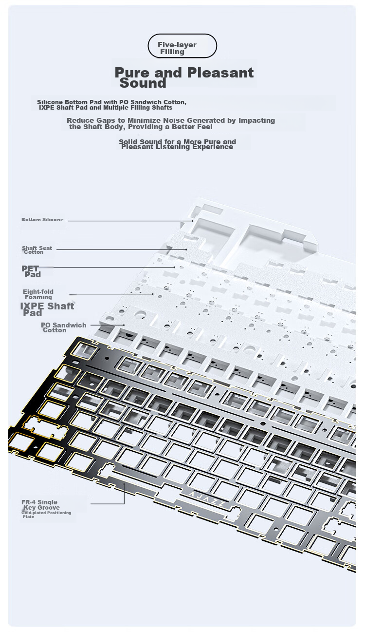 AJAZZ AK35IV3 Wired Hot-Swappable Customizable Mechanical Keyboard, 104 Keys, Gasket Structure, PBT Keycaps, 5-Layer Fill, Blue Light, Blue And White, Sea Salt Switches 10