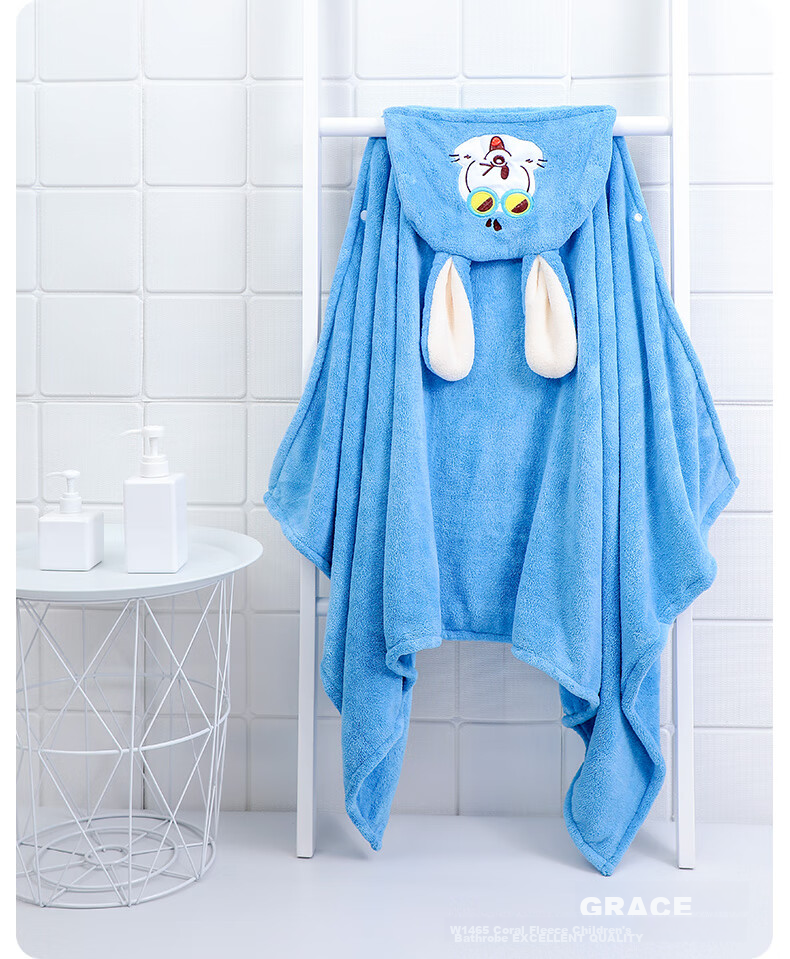 Grace Children's Bath Towel, Soft Coral Fleece, Quick-Drying Baby Bathrobe with Hood, Thickened Long-Eared Rabbit Blue Sports Desig 17