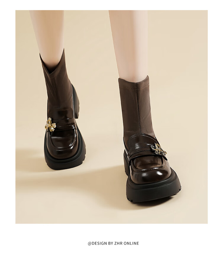 ZHR Elastic Socks And Boots for Women, Academic Style, Fleece-Lined Chunky Heel Loafers, Height-Increasing Short Boots for Women, AH579A, Black, Size 35 14