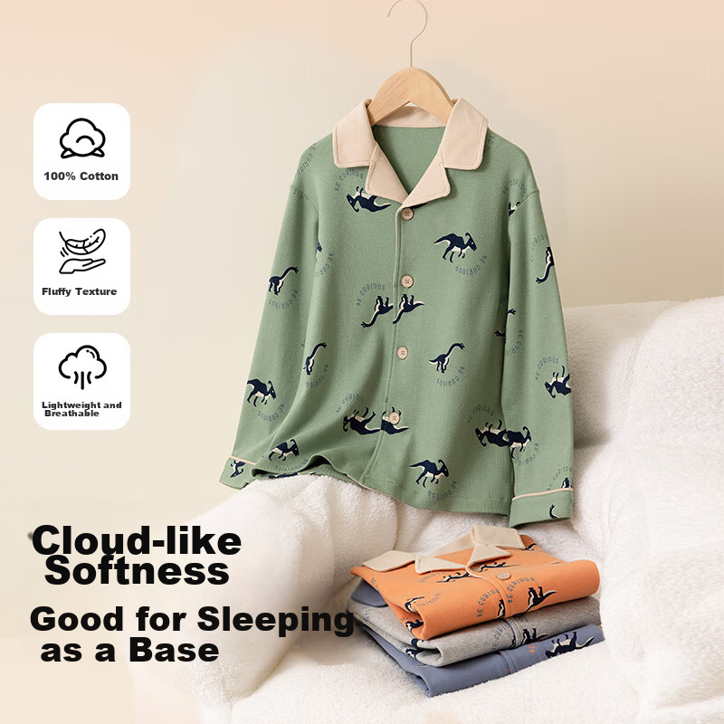 Dingguagua Children's Pajama Set, Pure Cotton Spring And Autumn Long-Sleeve Boys' Loungewear, All-Cotton Open-Front Sleepwear for Older Boys, Green, Size 150