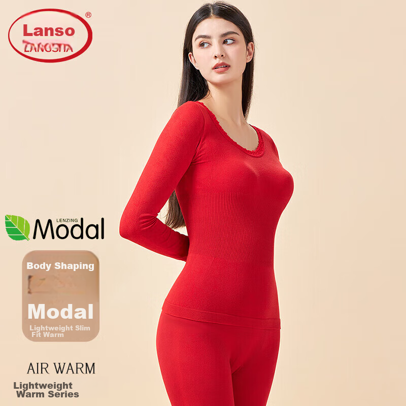 LangSha Women's Modal Cotton Thermal Underwear Set, Red Color for Zodiac Year, Slimming And Warm Base Layer