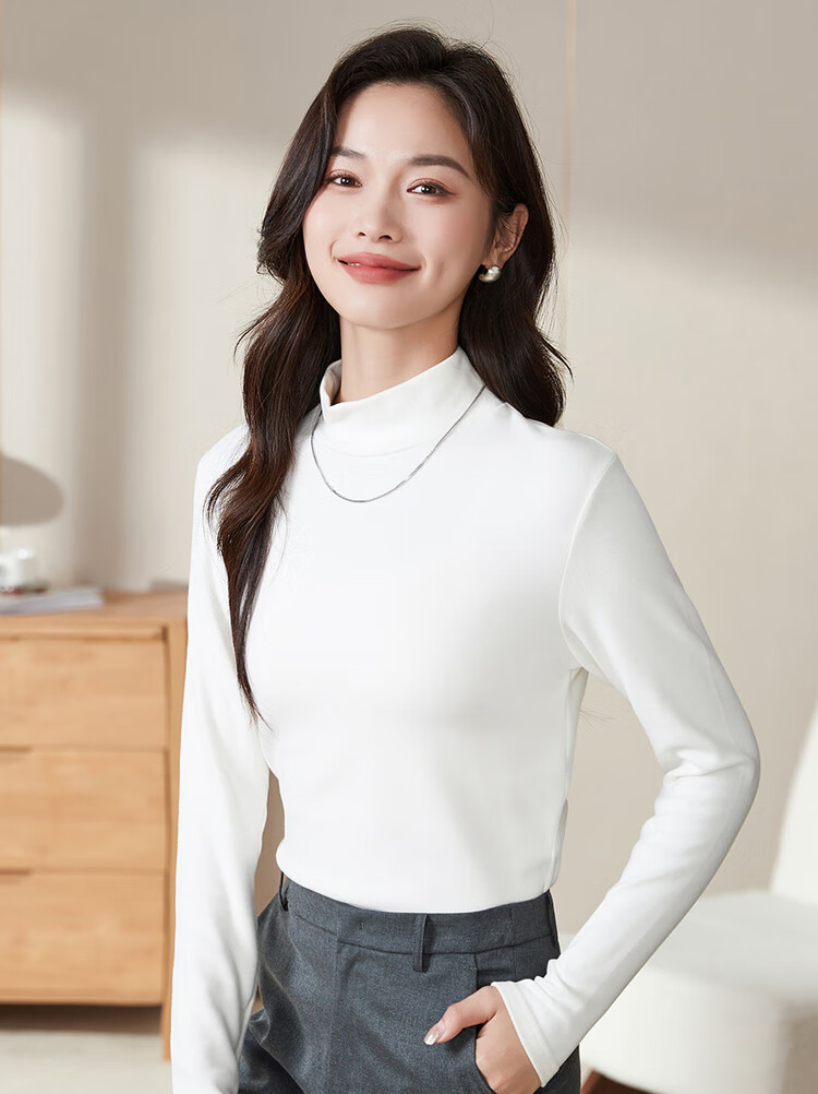 Woodpecker Women's Pure Cotton Half Turtleneck Slim Fit Stretch Long Sleeve Base T-Shirt 2025, White, M 10