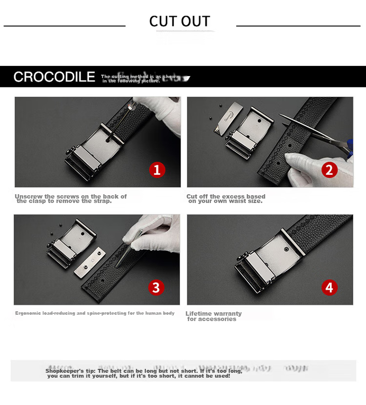 CROCODILE Business Crocodile Pattern Top-Grain Leather Automatic Buckle Belt, Men's Inner Wear Waistband, Birthday Gift for Boyfriend, 1718 17