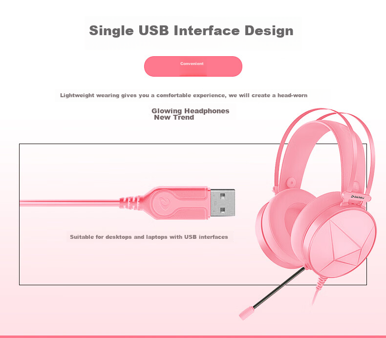 DAREU EH722RGB Edition Gaming E-Sports Noise-Cancelling Headset Wired Over-Ear with Microphone for PC 7.1 Channel Sound Positioning for PUBG And Other Games Pink And White 8