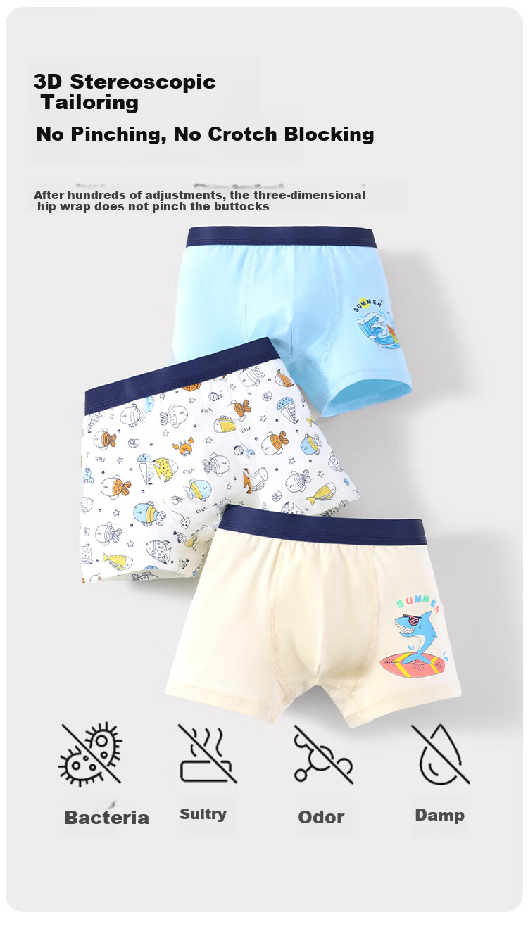 YUZHAOLIN Boys' Underwear, Children's Boxer Briefs, Cotton Underwear for Older Kids, 7A Antibacterial, 3-Pack, Sea Blue Mystery 8