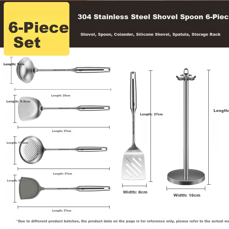 COOKER KING 304 Stainless Steel Cooking Utensil Set, including Spatula, Ladle, Skimmer, Silicone Spatula, Storage Rack - 6 Pieces