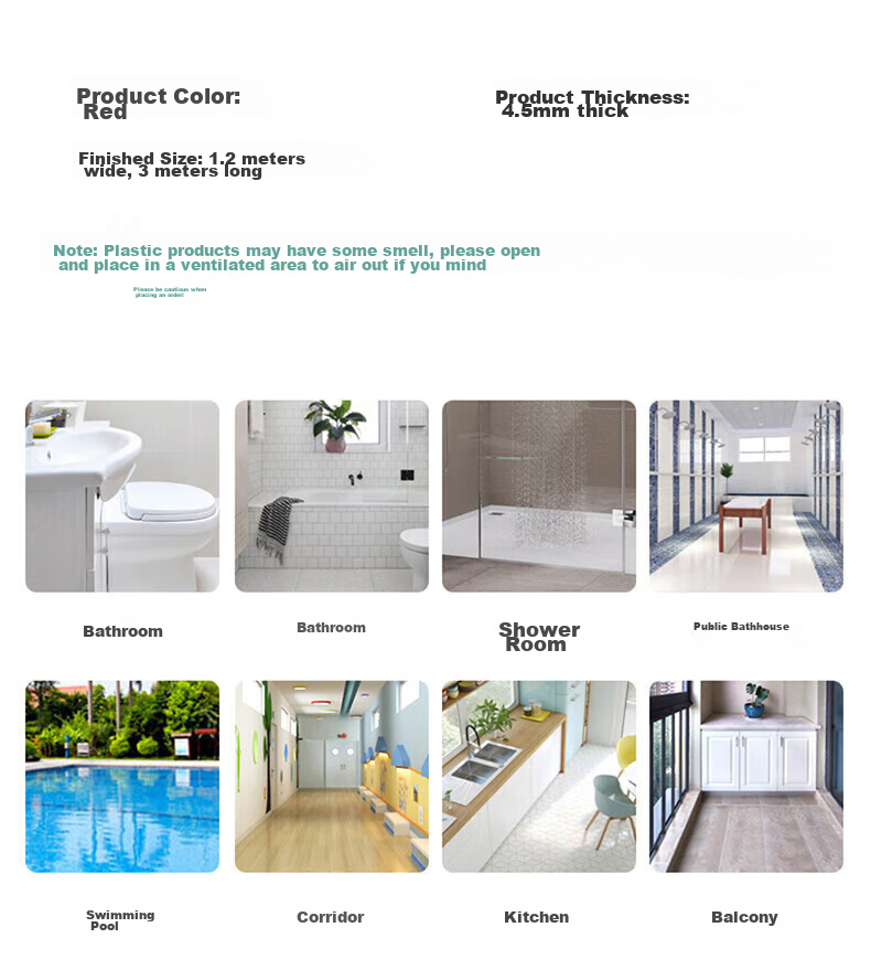 DIYIN Bathroom Mat, PVC Toilet Non-Slip Mat, Hollow Plastic Water Barrier Mat, 4.5mm Thick, Red, 1.2 Meters Wide, 3 Meters Long 3