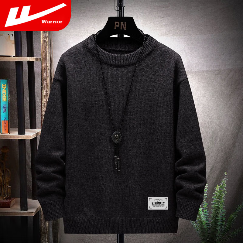 Huili Men's Sweater, Autumn And Winter Round Neck Pullover, Warm Base Layer Knit Top, Thick Comfortable Warm Outerwear, Black, Size L
