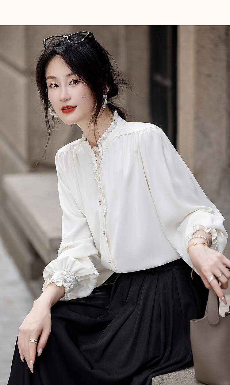 Dme [Ruched Shiny Blouse] Spring And Autumn French Style Women's Elegant Ruffle Stand Collar Pleated Blouse Women's Top 17